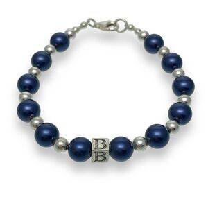 Vintage Sterling Silver 925 Blue Pearlized Glass "B" Charm Bracelet 7.25"